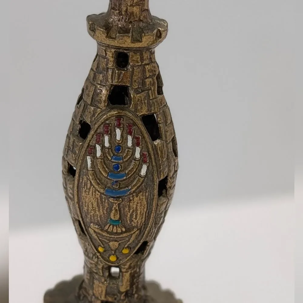 Vintage TAMAR Israel Judaica Castle Shabbat Candlesticks Pair Menorah Jerusalem